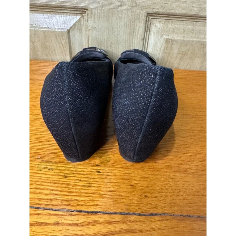 Stuart Weitzman Black Textured Fabric Wedge Ballet Pumps w Buckle Bling 8M